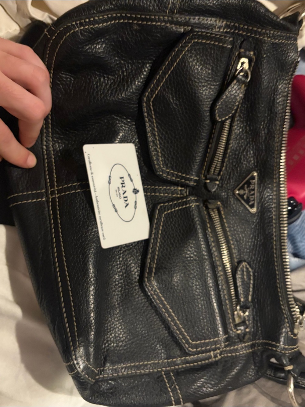 Prada Black Pebbled Leather Crossbody Bag with Contrast Stitching